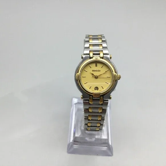 Gucci Watch Women 24mm Silver Gold Two Tone Date 9000L New Battery 6.5" - Picture 2 of 11